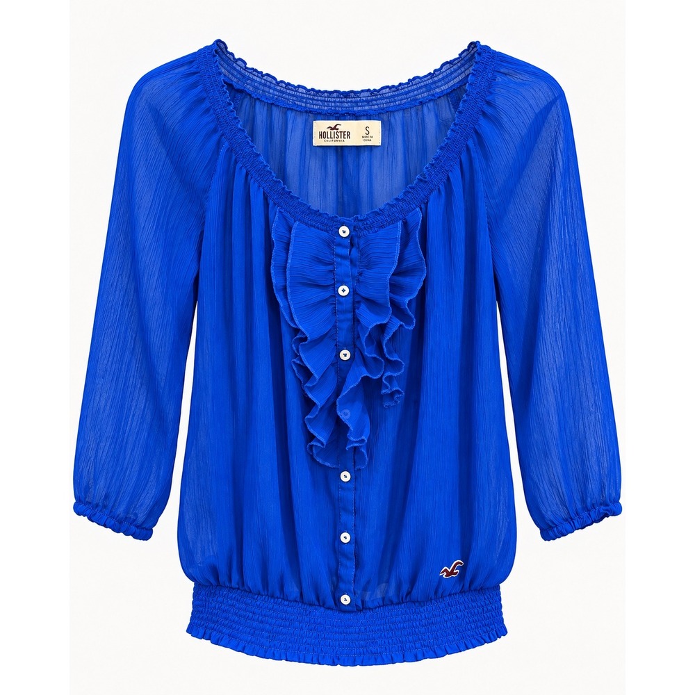 Hollister Womens Royal Blue Ruffle Front Smocked Waist Peasant Blouse Small